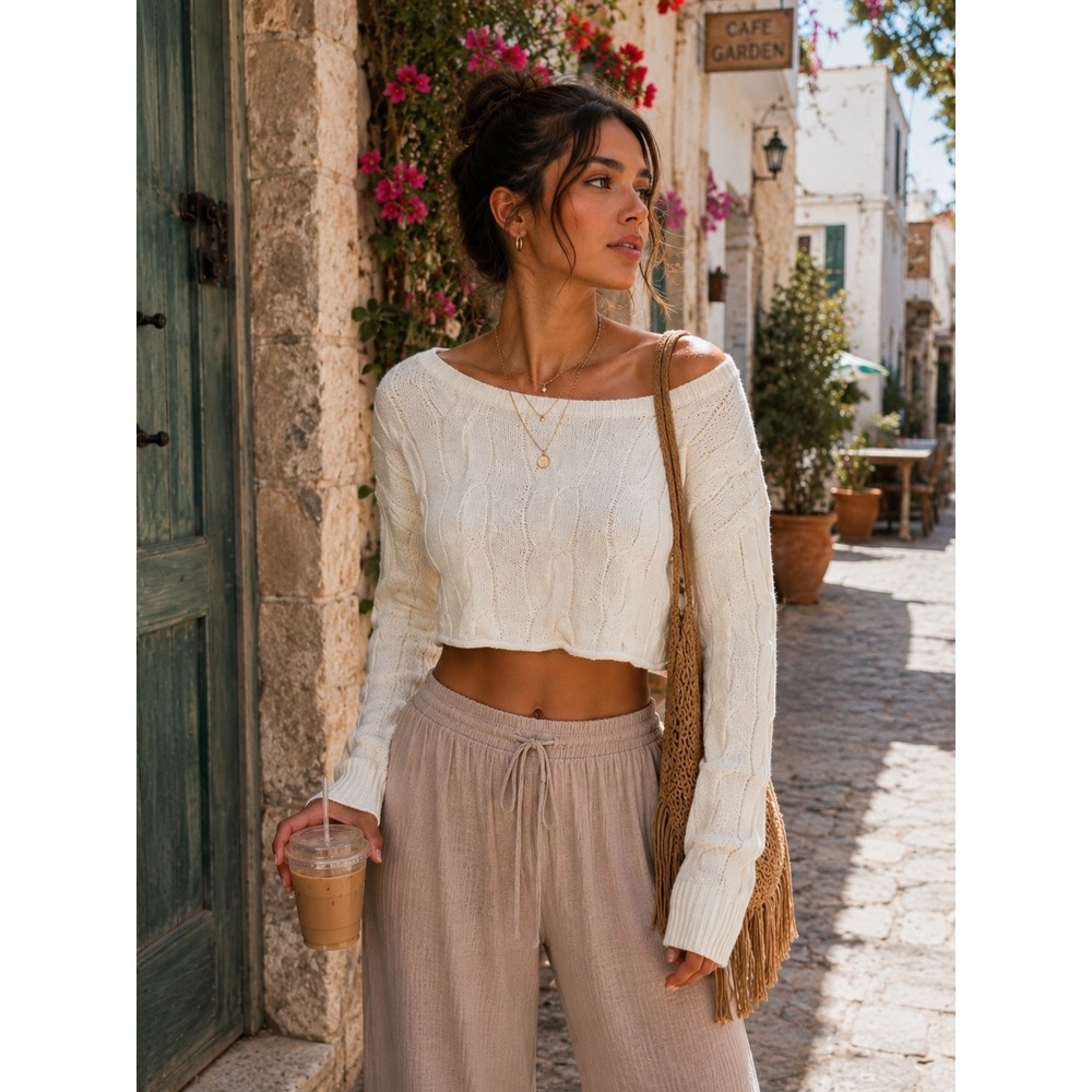 Garage Womens Cream Cable Knit Cropped Sweater Long Sleeve Boat Neck‎ Large
